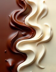 Naklejka premium Gourmet swirls of melted chocolate, cocoa cream spread in close-up view. High quality food photo. Perfect for decadent desserts. Creative texture for food industry branding. Appealing to sweet tooth