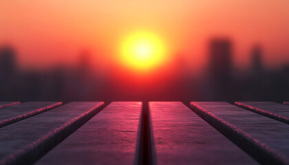 Sunset reflecting over wooden deck, creating warm and serene atmosphere in the evening sky.