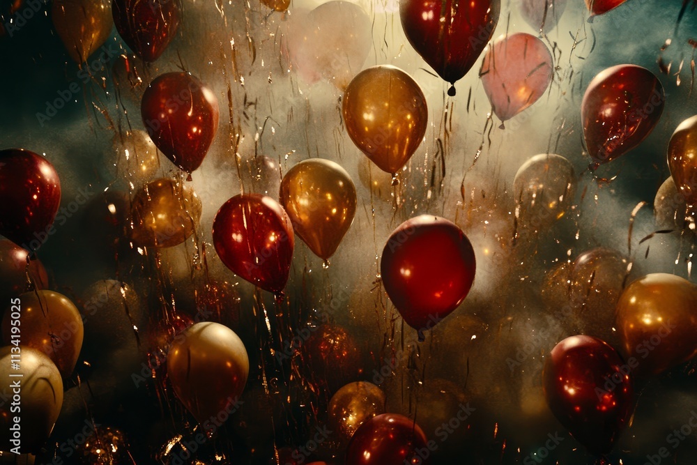 Poster a dreamy scene of floating balloons in a colorful display, with shimmering hues and magical atmosphe