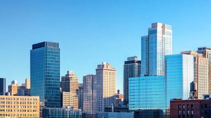 Naklejka premium The skyline of Downtown Newark, New Jersey, presents a dynamic and evolving urban landscape. Tall skyscrapers and historic buildings rise against the backdrop of a clear blue sky