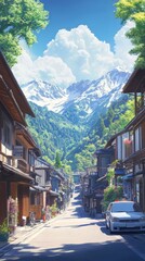Obraz premium Beautiful traditional japanese street with car and mountains in anime style summer day digital concept art. anime wallpaper. Ultra realistic. Photorealistic