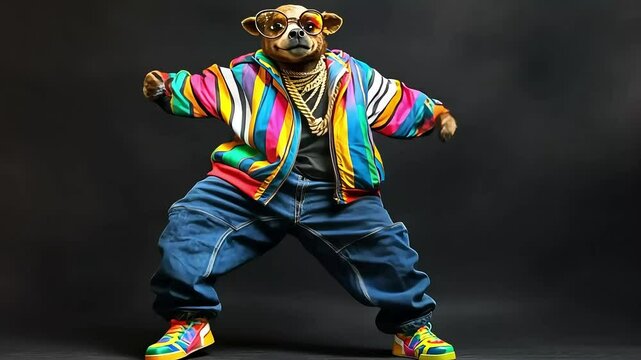 A dog wearing sunglasses, a colorful jacket, jeans, and sneakers is posing for a photo.