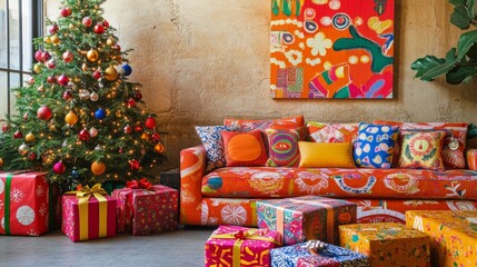 A lively living room with a sparkling Christmas tree, colorful holiday cushions, and presents wrapped in cheerful patterns under it