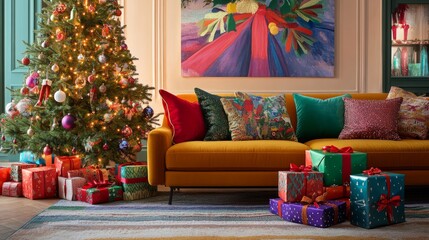 A vibrant living room decorated for the holidays, featuring a glowing Christmas tree, festive pillows, and a heap of beautifully wrapped gifts under it