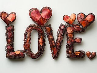 The Word "Love" Made of Hearts and Wire Mesh.

