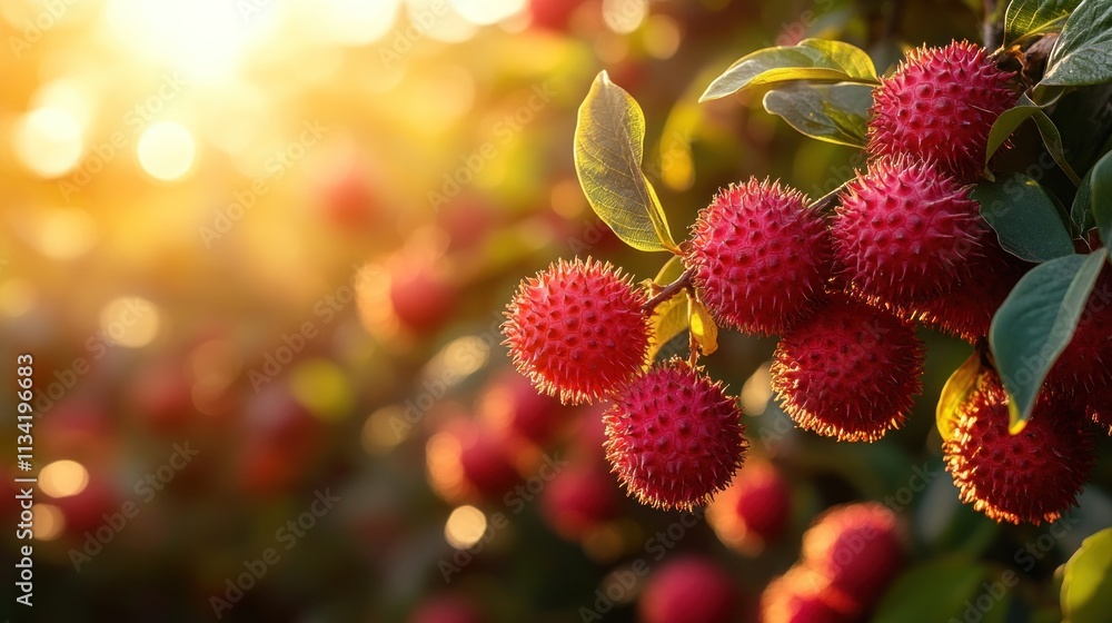 Poster a close-up of lychee fruits hanging on a tree with sunlight filtering through the leaves.