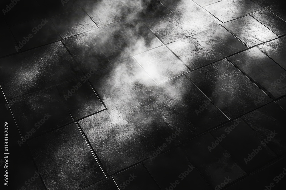 Poster abstract black and white image of glowing steam on wet tiles with dramatic light and shadows creatin