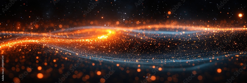 Poster abstract representation of glowing particles and waves in a cosmic environment.