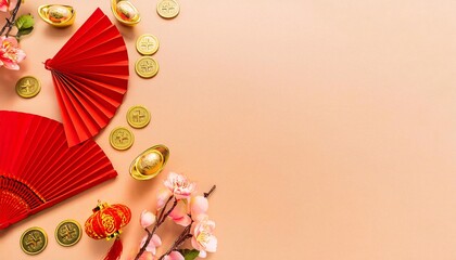 Obraz premium Chinese New Year Celebration: Red envelopes, gold coins, and cherry blossoms create a vibrant and festive backdrop for the Chinese New Year celebration, perfect for greeting cards, social media posts.