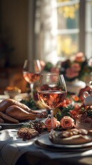 Family or friends celebrating thanksgiving day with rose wine. thanksgiving. Ultra realistic. Photorealistic hypermaximalist advertising photography hyper realistic fine detail