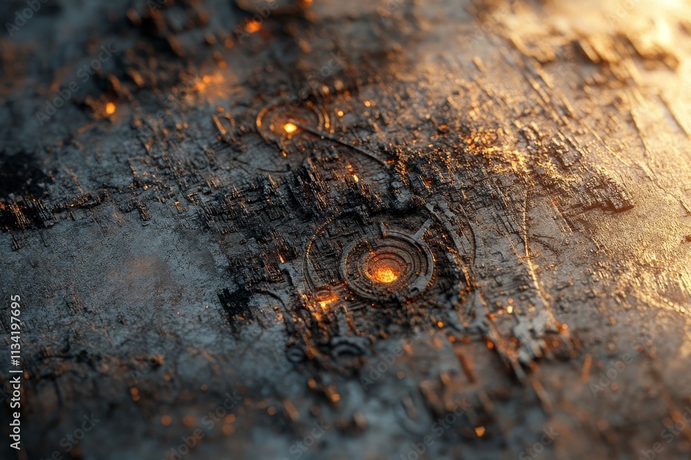 Poster abstract digital texture with glowing elements on a dark surface creating an otherworldly and futuri