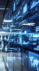 Business professionals analyzing cloud-based data on digital dashboards in a modern conference room