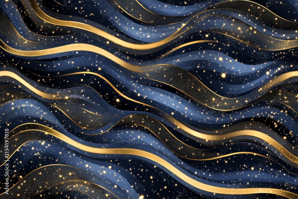 Aufkleber abstract flowing waves with golden accents and sparkling stars in a deep blue background create a lu