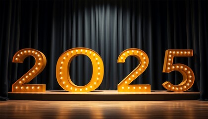 2025 New Year Marquee Light Sign On Stage with Black Curtain Background