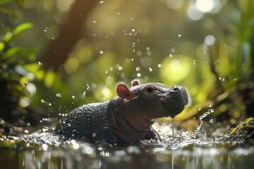 Playful Hippo Calf in Water: An adorable baby hippopotamus splashes playfully in a tranquil forest pool, sunlight dappling through the leaves.  A heartwarming image of wildlife in its natural habitat.