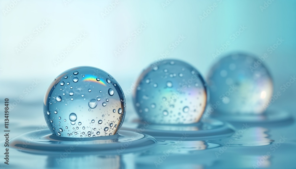 Aufkleber clear water spheres rest gently on water ripples. light refracts through orbs creating rainbow like 