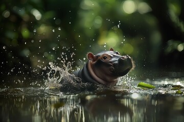 Pygmy Hippo Splash: A playful pygmy hippopotamus emerges from the water, creating a mesmerizing spray of droplets in a lush, green rainforest setting.  The image captures a moment of pure.