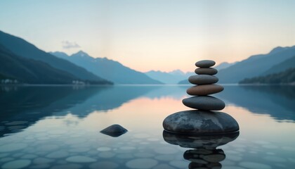 Calm lake scene at dawn. Balanced stones stand on water. Mountains frame peaceful scene. Tranquil morning light reflects on water surface. Natural peace, harmony. Ideal for wellness retreats
