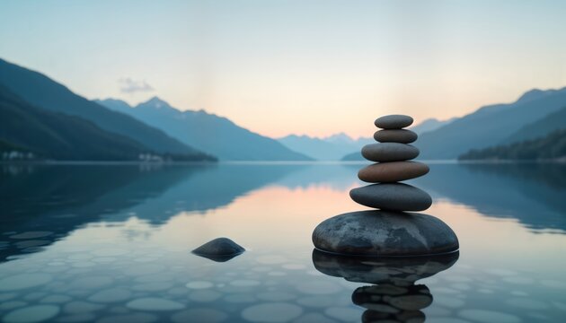 Calm lake scene at dawn. Balanced stones stand on water. Mountains frame peaceful scene. Tranquil morning light reflects on water surface. Natural peace, harmony. Ideal for wellness retreats