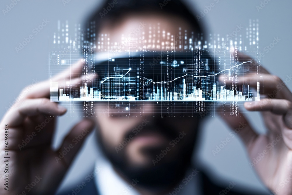 Poster analysts evaluating real-time analytics data through immersive augmented reality glasses in an offic