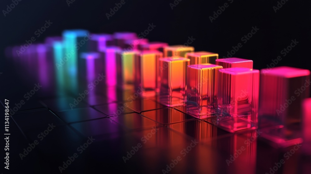 Poster Colorful Light Waves with Transparent Cubes on a Dark Background