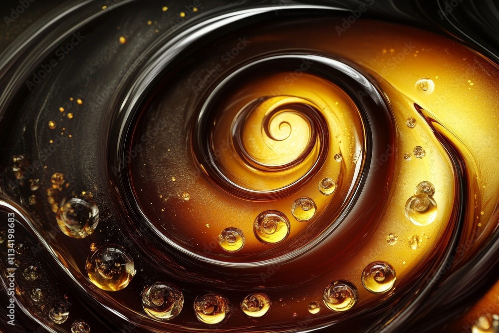 Poster abstract swirling design with rich golden and black colors featuring glowing bubbles and intricate p