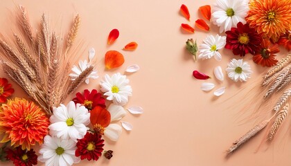Autumn Floral Arrangement with Wheat - Flat lay photography