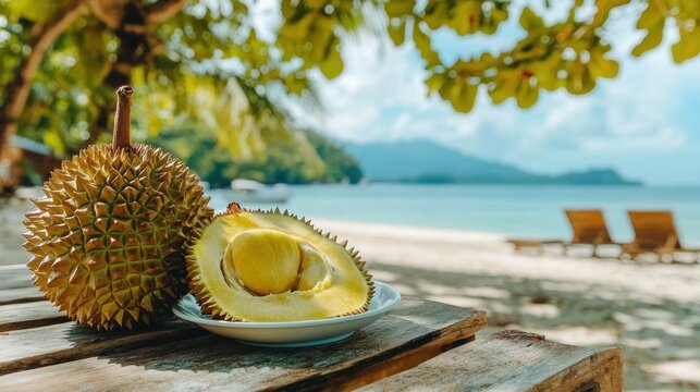 Durian fruit on a plate at tropical beach.
