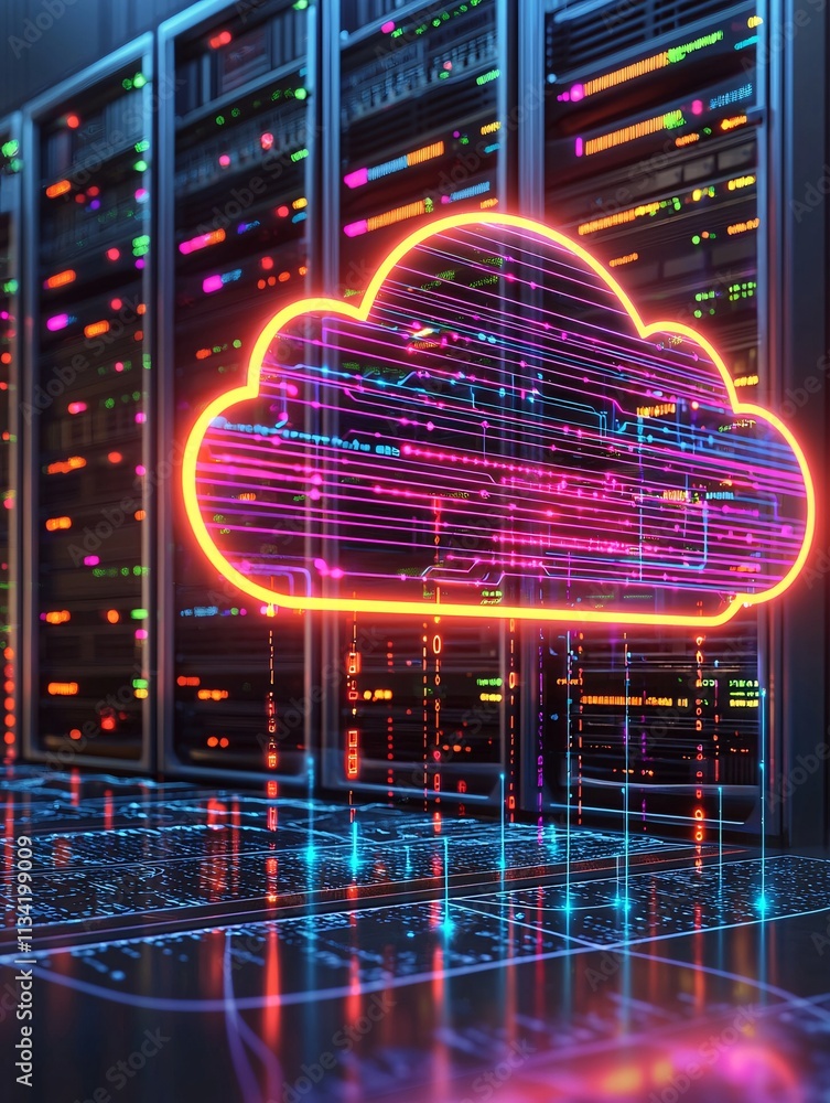 Poster cloud computing integration visualized with glowing cloud icons connected to corporate data centers
