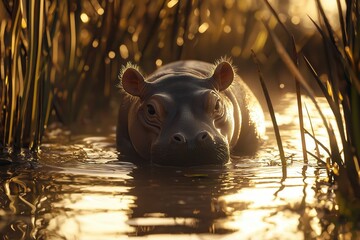 Golden Hour Hippo: A majestic hippopotamus emerges from the golden waters of an African wetland, framed by tall grasses bathed in the warm light of sunset. A serene and captivating wildlife scene. 