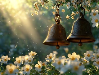 Two ornate bells hang amidst blooming white flowers