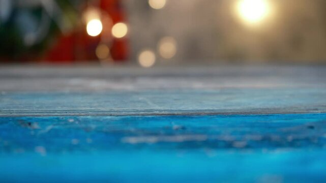 Counrty stile wooden background with New Year's decor, Christmas, lights , holiday mood, close up. Copy space