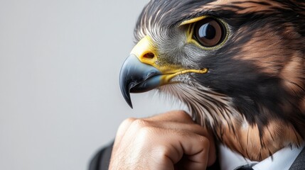 A serious falcon in formal attire, analyzing stock market data, isolated on a white background