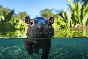 Baby Hippo Underwater: A close-up portrait of a young hippopotamus submerged in crystal-clear water, its curious eyes peering out, capturing the charm and innocence of wildlife in its natural habitat.