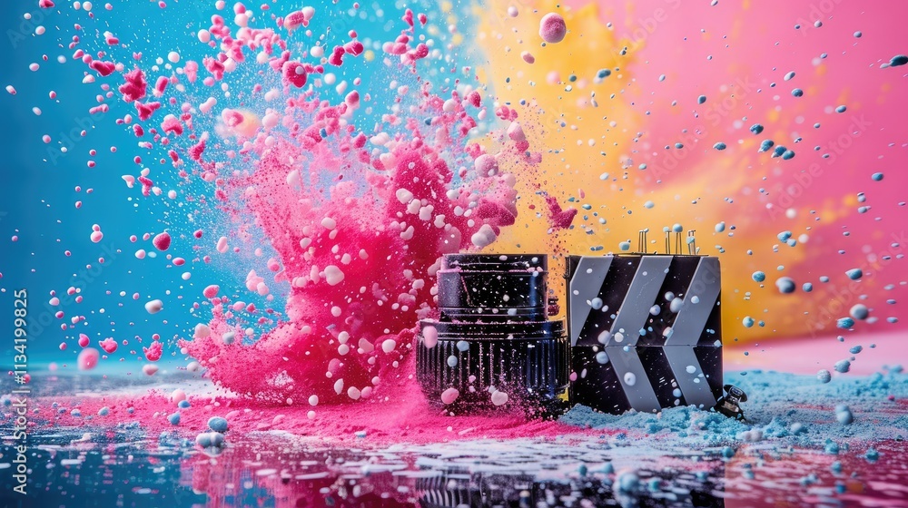 Poster a burst of colored powder splashes around a clapperboard, creating a dynamic visual effect.