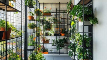 Indoor vertical garden with various plants in pots on metal shelves.