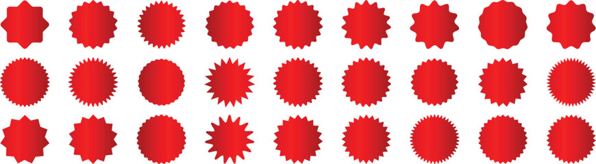 Set of red price sticker, sale or discount, price sticker, sale sticker, price tag, quality mark, retro stars, sale or discount sticker, sunburst badges, sun ray frames, promotional badge set. 