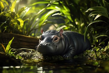 Baby Hippo in Lush Jungle: A young hippopotamus rests peacefully in a vibrant green jungle setting, its large eyes gazing out with a sense of tranquility.