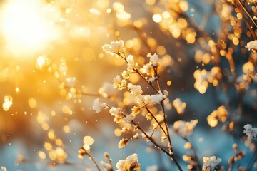 Fototapeta premium Golden Hour Winter Scene with Snowy Flowers