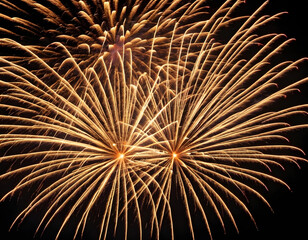 Golden firework fireworks on dark black night sky texture