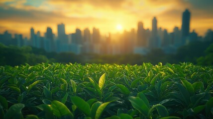 A serene sunset over a city skyline, with lush green tea leaves in the foreground, blending nature and urban life beautifully.