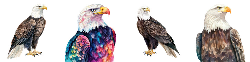 Fototapeta premium Majestic Bald Eagle Powerful Wildlife Portrait with Abstract Colorful Feather Pattern Bald eagle is the national bird and symbol of the United States known for its impressive size fierce look