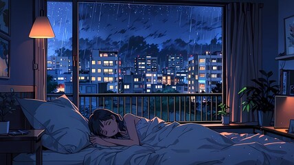 a girl  sleeps on the bed when raining 