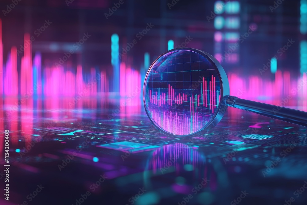 Poster analyzing data trends with magnifying glass in vibrant modern digital environment featuring colorful