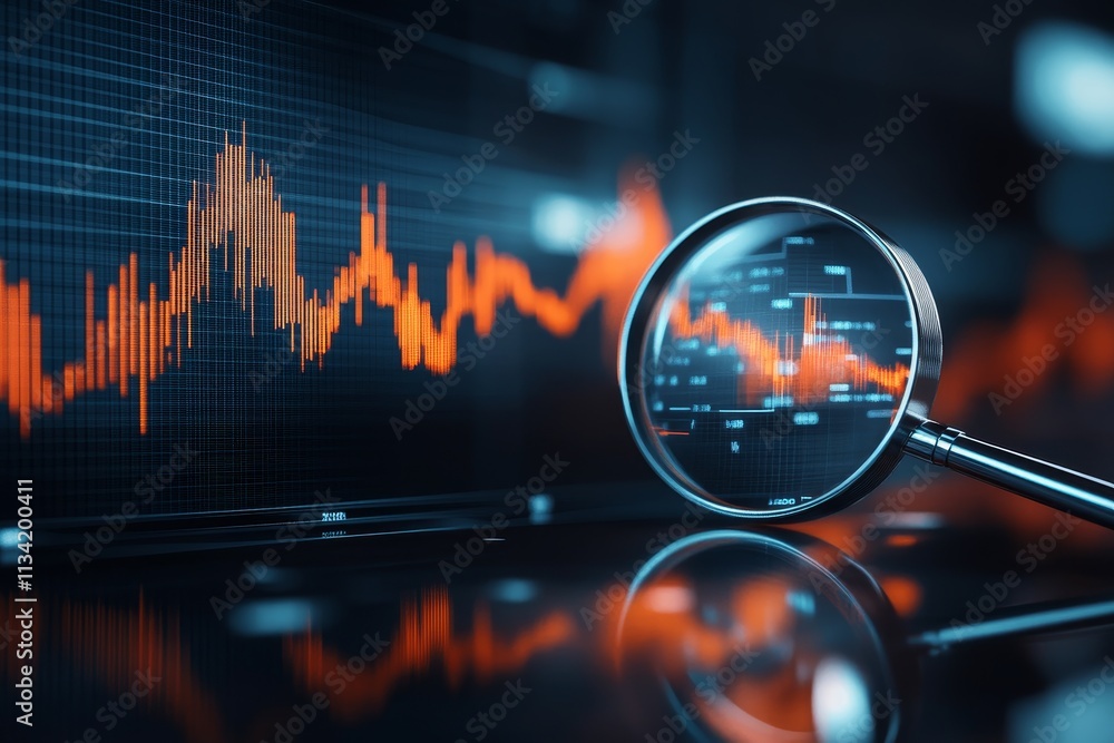 Poster analyzing financial data with magnifying glass on digital screen displaying stock market trends and 