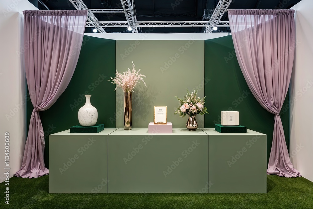 Poster sophisticated three-dimensional display platform with muted green backdrop and graceful lavender chi