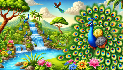 Fototapeta premium Peacocks with their beautiful feathers accompanied by beautiful natural scenery 