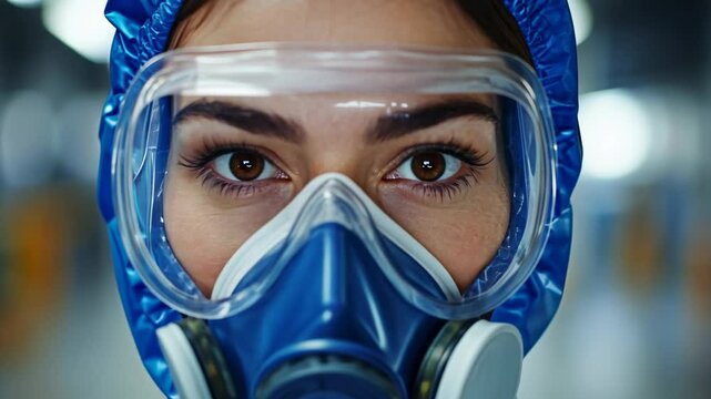 Young Woman Wearing Protective Gear and Respirator in Industrial Setting