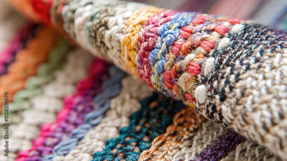 Poster a detailed photo of a woven fabric pattern, with colorful threads forming a smooth and balanced text