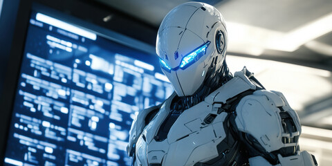 A sleek, humanoid robot with glowing blue eyes prominently features in a modern, technology-driven space filled with various data displays and screens.
